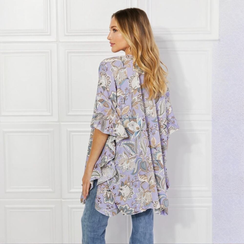 SOLD Boho Floral Kimono Ruffle Beach Coverup Cardigan - Picture 2 of 9